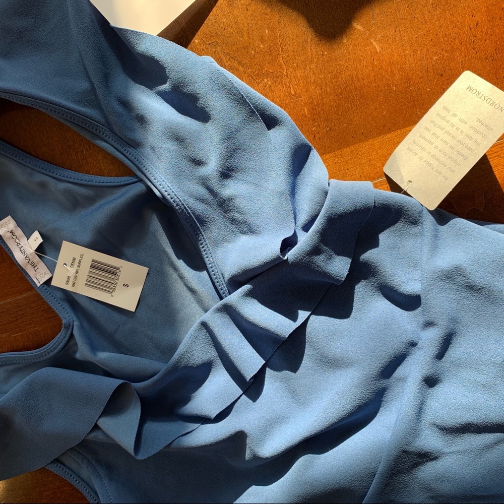 The Vanity Room Blue Draped Ruffle V Neck Wrap Dress - Picture 7 of 7